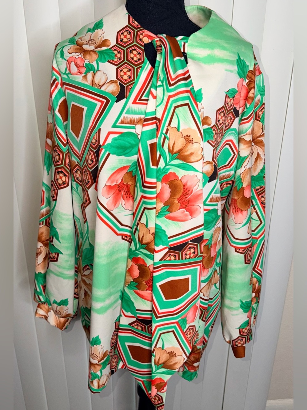 Vintage Pykettes Womens Blouse Floral Green Brown Orange Hippie See Measurements